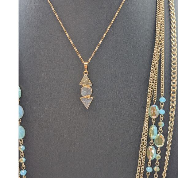 Lot of Two Gold Tone Necklaces Multi Strand Gold Tone Blue Gilded Bead & Druzy - Picture 2 of 7